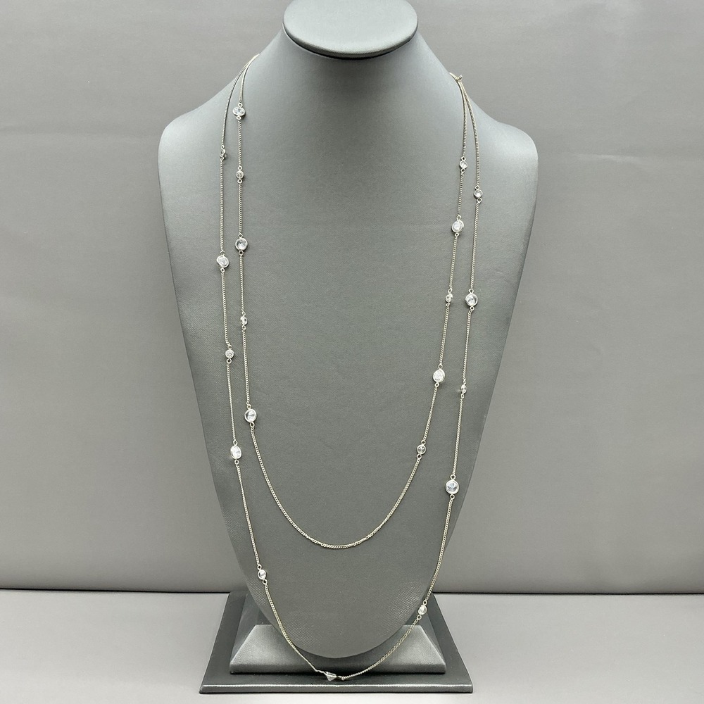 Ann Taylor Necklace Gold Tone Clear Crystal Bezel Station Long Layered Womens